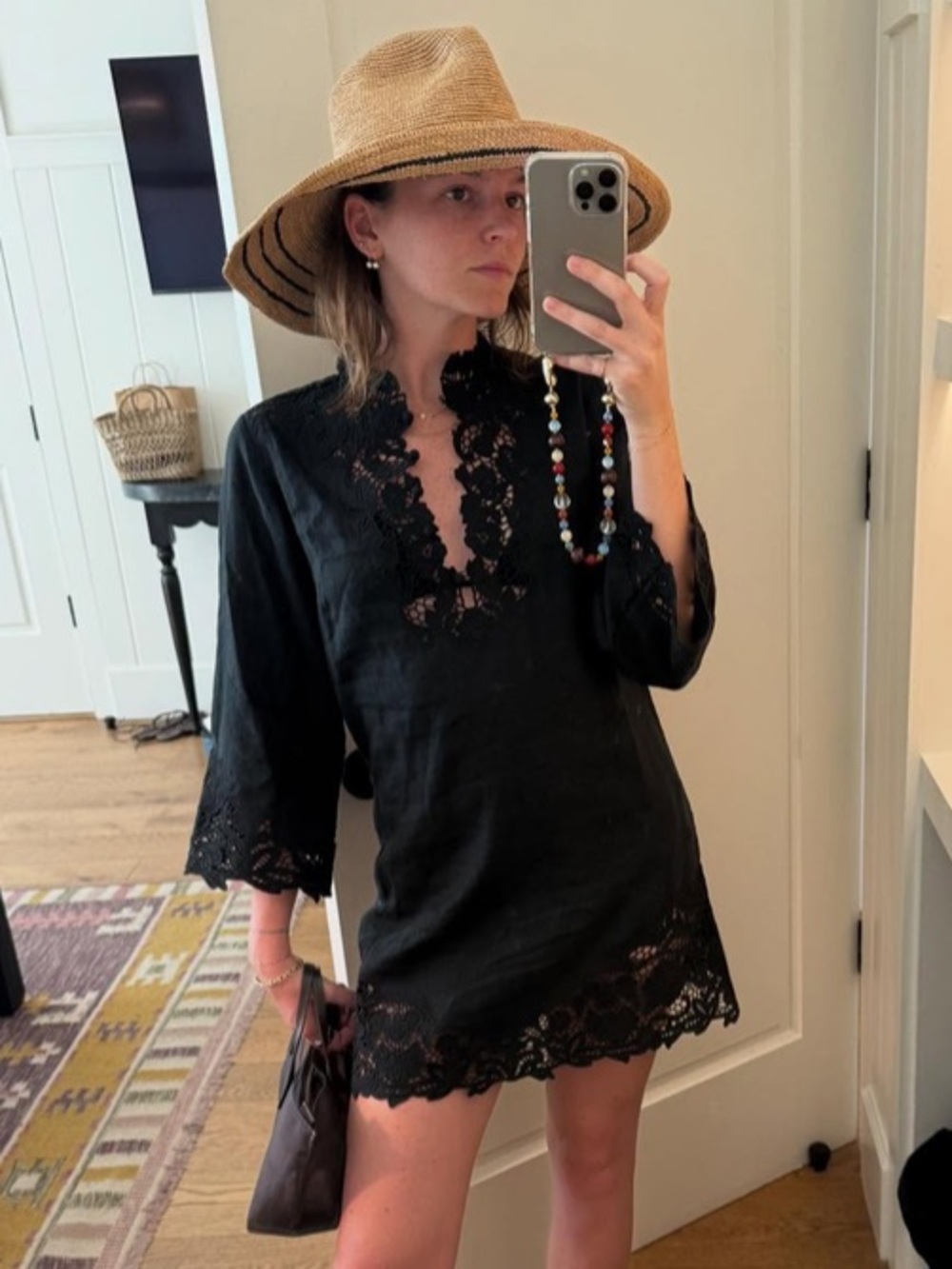 NWT Doen Roselie Linen Lace Crochet Collar 3/4 Sleeve Tunic Mini Dress Black - Picture 8 of 16